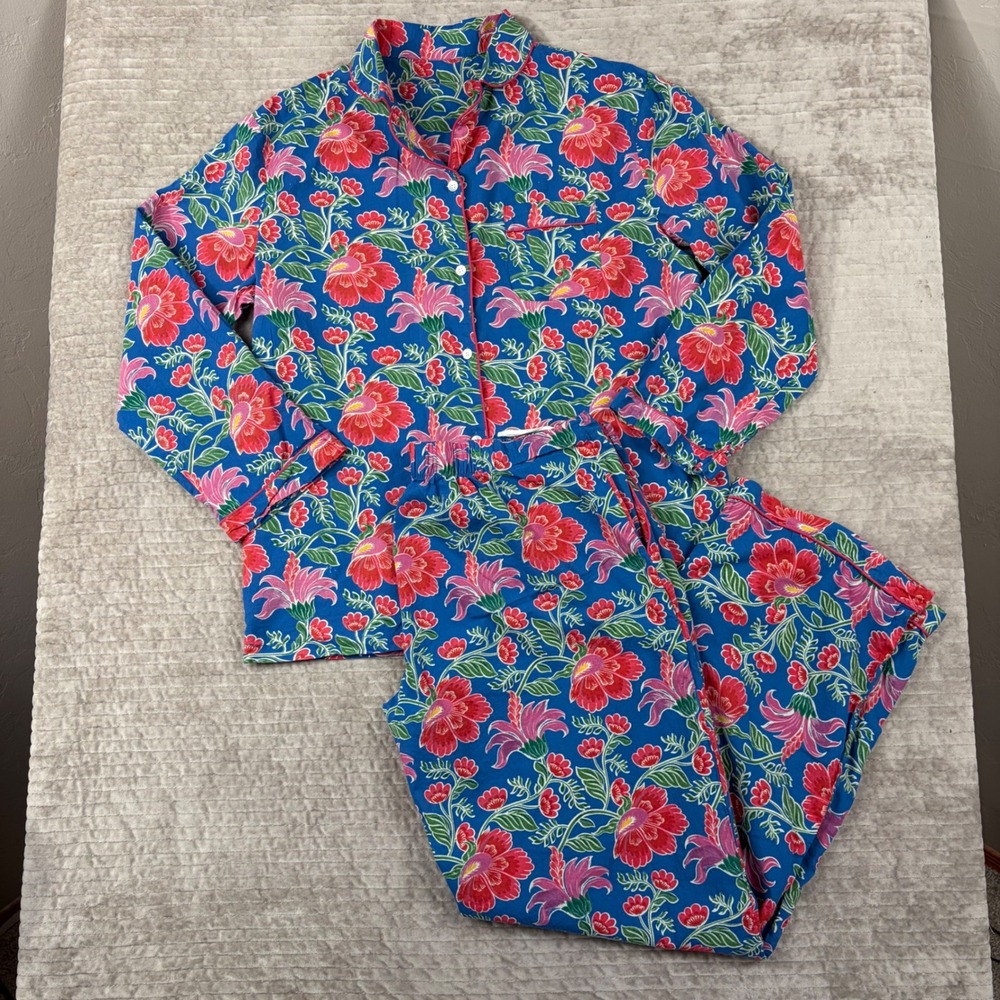 Mahogany Pajama Set Medium Blue Pink Floral Button Down Pants 2pc Sleepwear